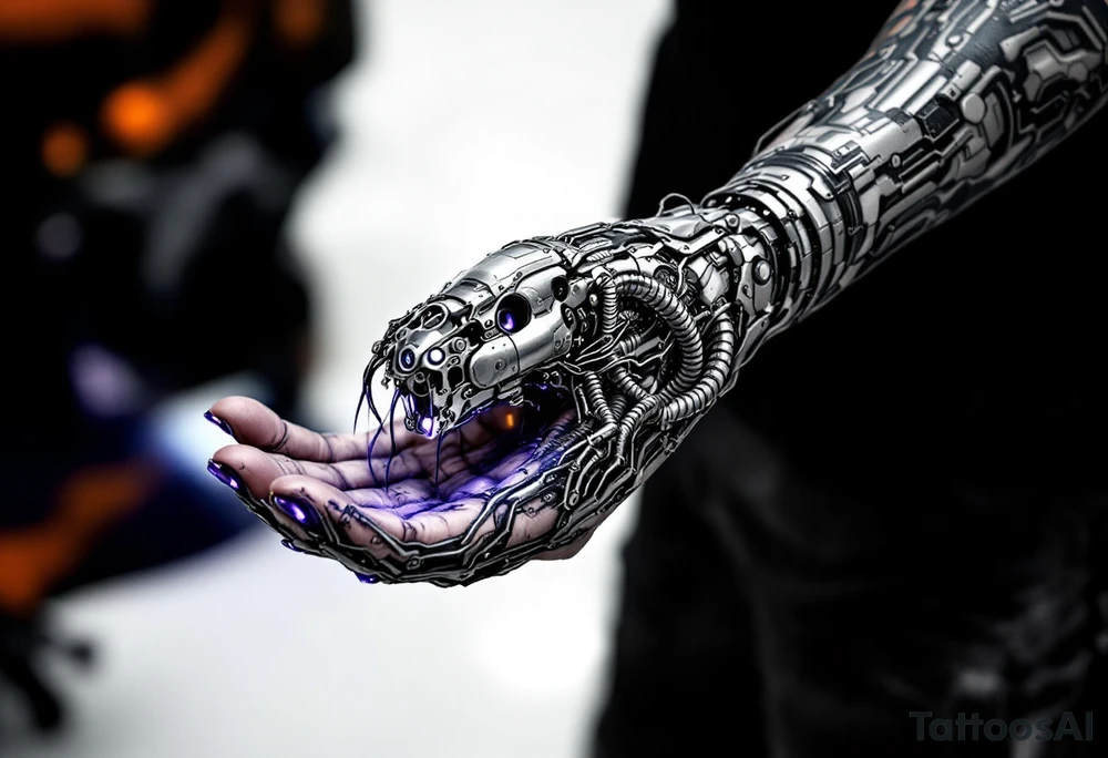 A biomechanical structure crawling up from the palm in brushed aluminum, surrounded by glowing violet circuitry and torn muscle detail. tattoo idea