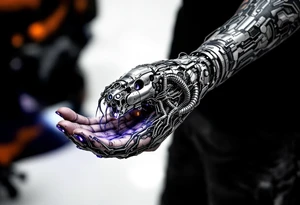 A biomechanical structure crawling up from the palm in brushed aluminum, surrounded by glowing violet circuitry and torn muscle detail. tattoo idea
