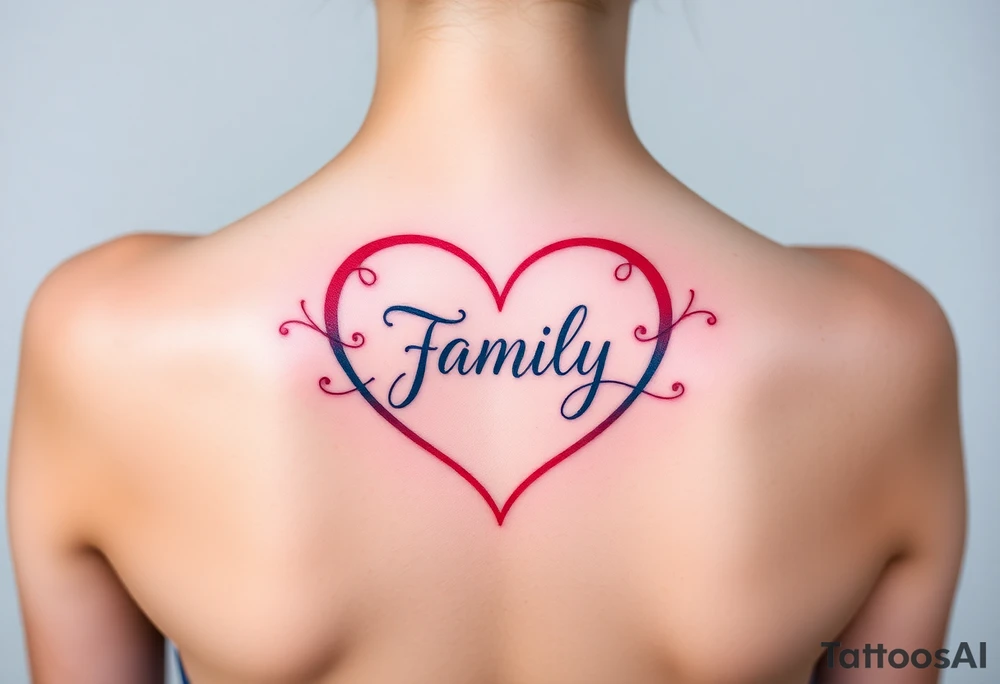 Colorful heart-shaped infinity loop, and the word "family" elegantly placed at the center in a soft script tattoo idea