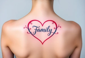 Colorful heart-shaped infinity loop, and the word "family" elegantly placed at the center in a soft script tattoo idea