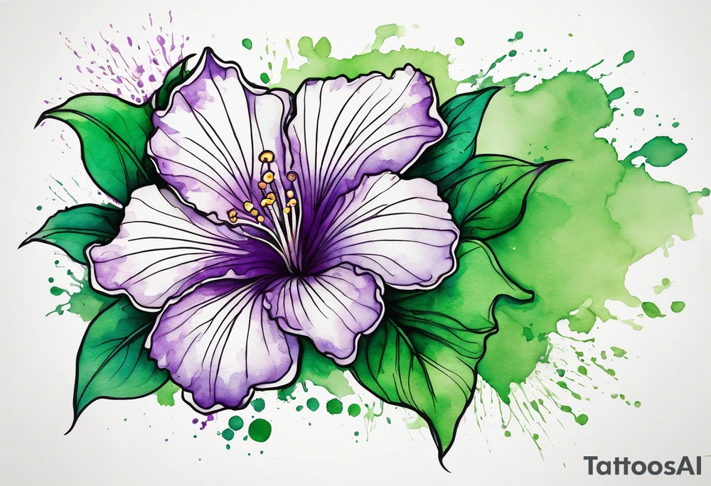 An outline of a green rio dipladenia flower and a purple watercolor splash in the background tattoo idea