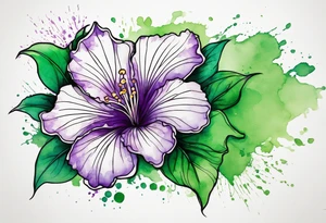 An outline of a green rio dipladenia flower and a purple watercolor splash in the background tattoo idea