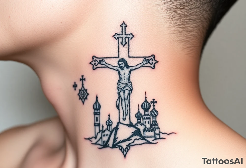 Traditional orthodox ICXC Christian cross with an orthodox Jesus Christ on the cross in a wilderness Russian Kremlin setting tattoo idea