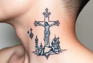 Traditional orthodox ICXC Christian cross with an orthodox Jesus Christ on the cross in a wilderness Russian Kremlin setting tattoo idea