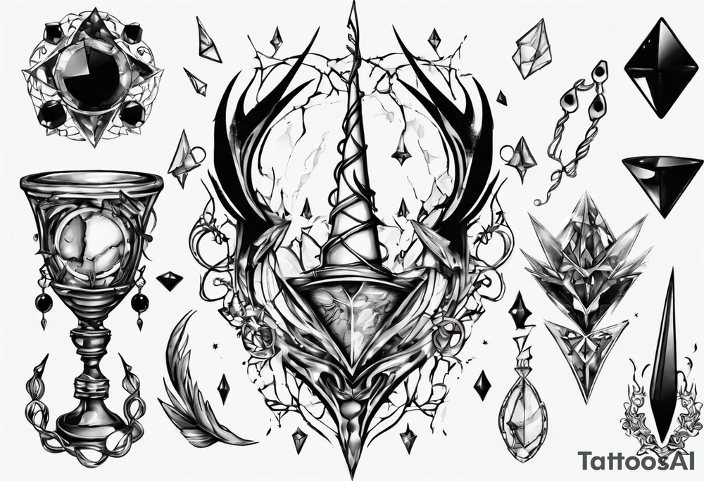 Shattered chalice surrounded by black jewels and a unicorn horn tattoo idea
