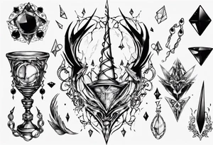 Shattered chalice surrounded by black jewels and a unicorn horn tattoo idea