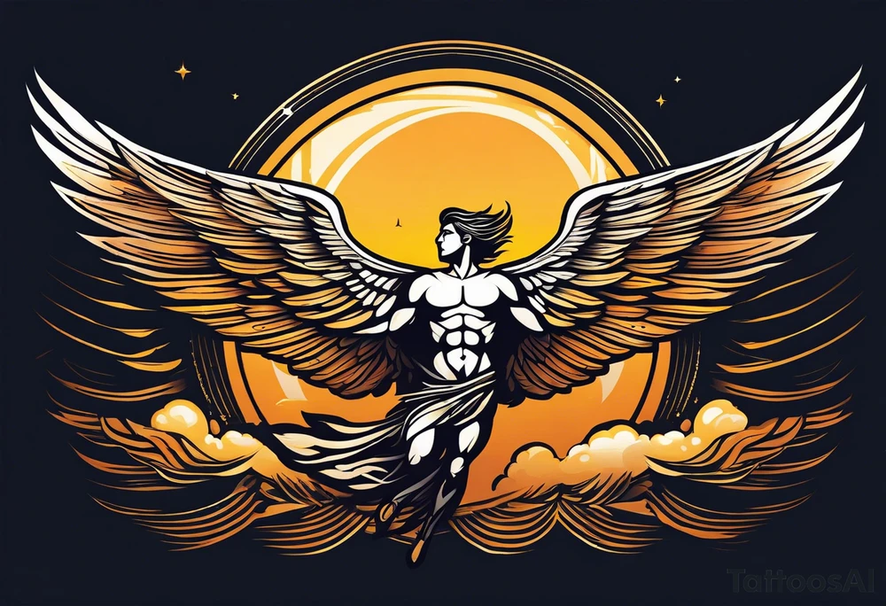 "Create a tattoo design of Icarus, depicted in a stylized manner with wide, intricate wings. Icarus is shown in an ascending flight position, expressing a mix of determination and joy on his face. The sun shines brightly in the background, symbolizing his ambition and desire to soar high. Some feathers from his wings are falling to represent the fragility of his dreams. The design incorporates dynamic clouds and abstract patterns to enhance the sense of movement and freedom, capturing both the beauty and tragedy of Icarus's myth." tattoo idea