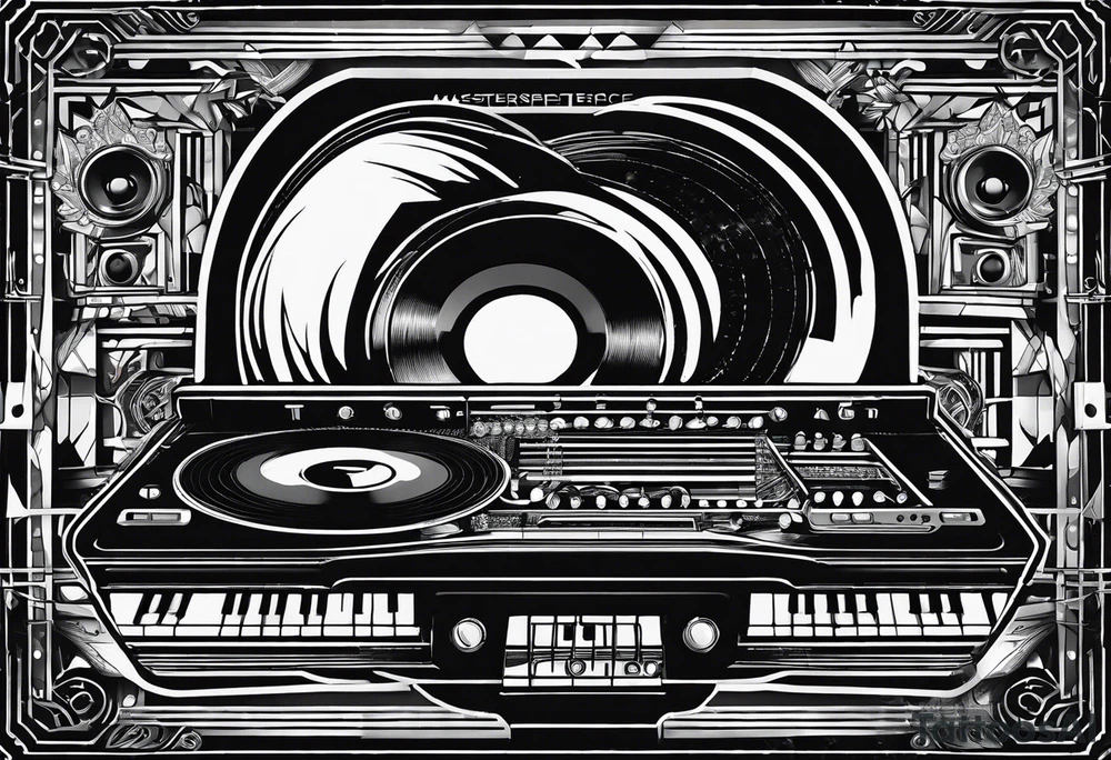 Lines and cables weave and interconnect keyboards, drums, guitars, speakers, headphones, and cassette tapes. tattoo idea