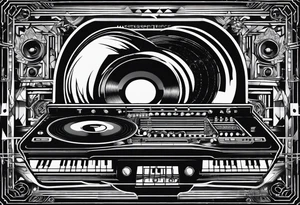 Lines and cables weave and interconnect keyboards, drums, guitars, speakers, headphones, and cassette tapes. tattoo idea