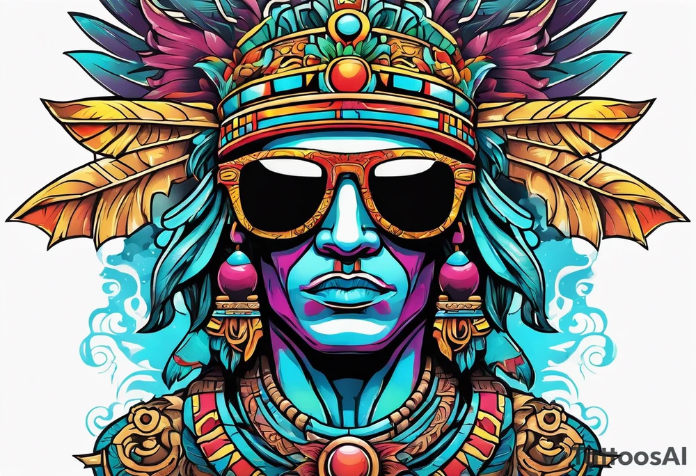 Colorful Mayan god hieroglyph wearing sunglasses with bats and water tattoo idea