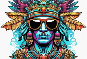 Colorful Mayan god hieroglyph wearing sunglasses with bats and water tattoo idea