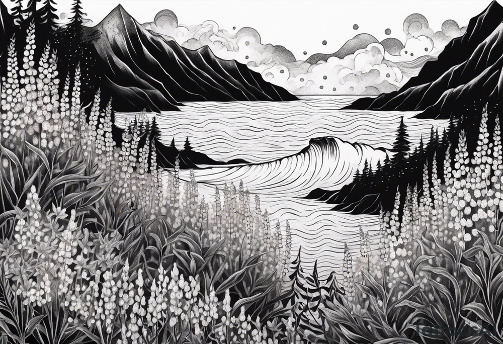 ocean wave surrounded by lupin and fireweed tattoo idea