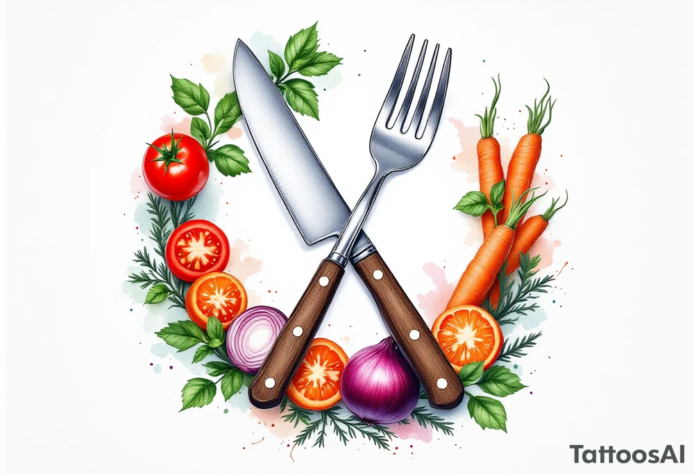 A realistic kitchen tattoo design showing a large silver kitchen knife with a dark brown wooden handle crossed over a shiny silver fork and spoon, all placed diagonally, surrounded by whole and sliced vegetables including bright red round tomatoes, leafy green basil, long orange carrots with green tops, and round purple onions with visible rings, all arranged in a circular wreath shape with a soft white background and subtle watercolor splashes of green, red, and orange for depth. tattoo idea