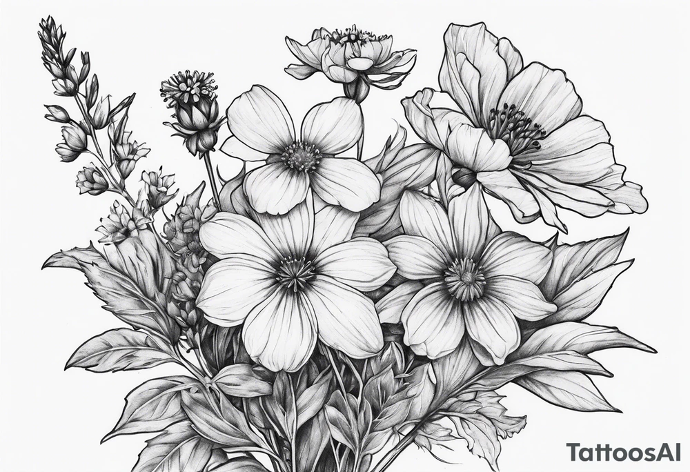 small long stem wildflower bouquet across fott tattoo idea