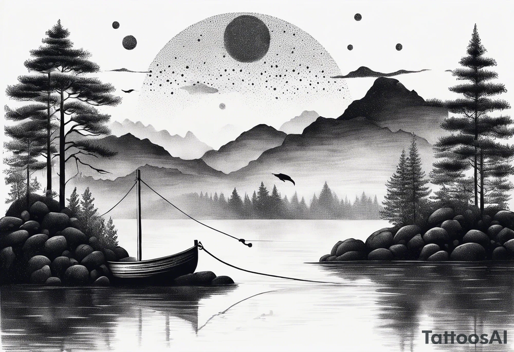 landscape and fishingpole and line with hook tattoo idea