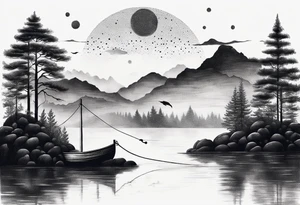 landscape and fishingpole and line with hook tattoo idea