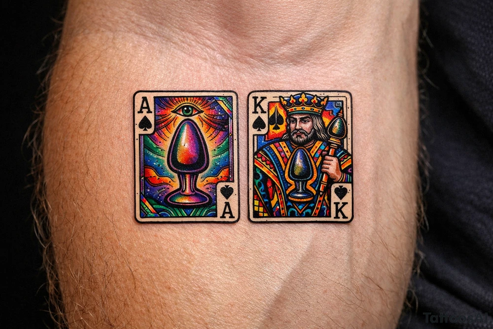 two playing cards ace and king of spades but with a butt plug instead of spade tattoo idea