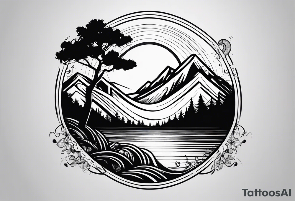 I want it in a vertical line one end to start with a tree then connect to a boomerang then connect to mountains then connect to the sun tattoo idea