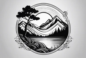 I want it in a vertical line one end to start with a tree then connect to a boomerang then connect to mountains then connect to the sun tattoo idea