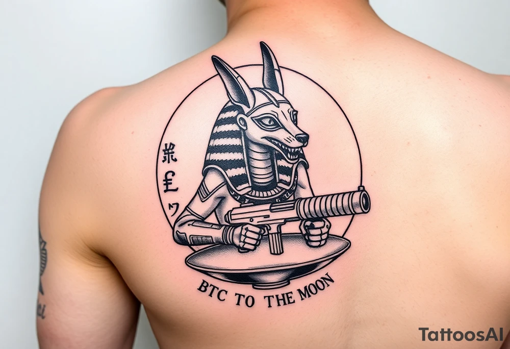 "Anubis in a ufo, holding a tommy gun. His jackal head is half-cyborg (exposed circuits). Hieroglyph background spells 'BTC TO THE MOON'.  

Style: Art Deco meets cyber-Egyptian. Black/red/gold ink. Forearm sleeve." tattoo idea