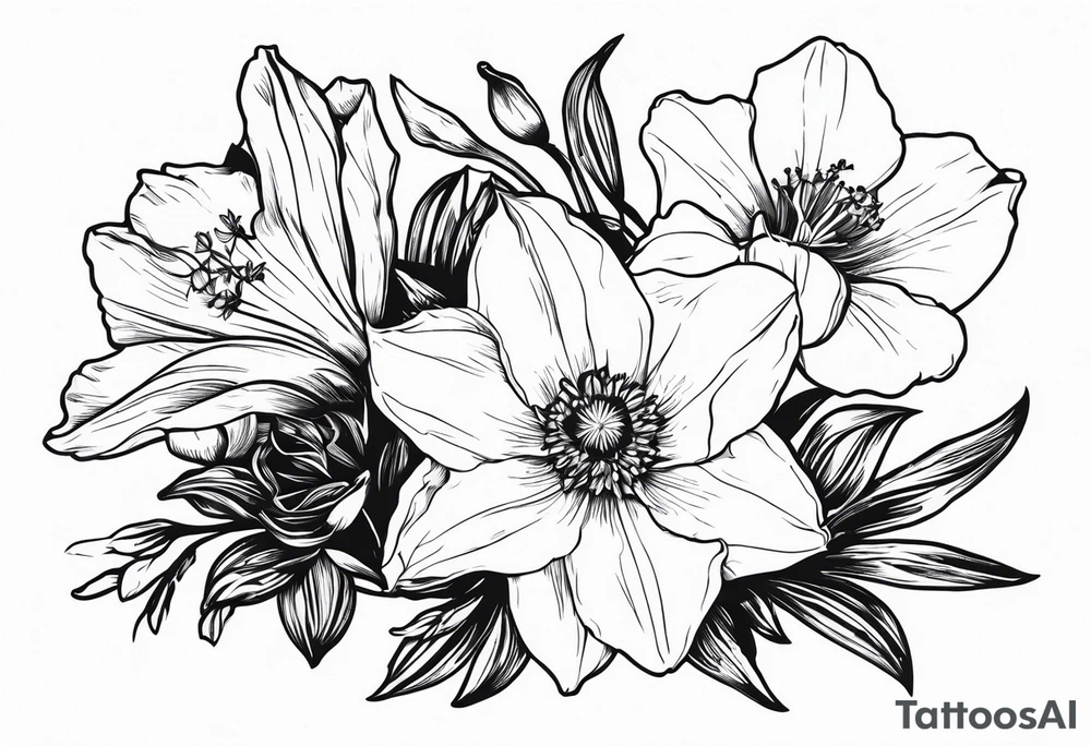 Bouquet including:
DAFFODIL
JONQUIL
ASTER
MORNING GLORY
Held together with a bow tattoo idea