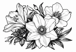 Bouquet including:
DAFFODIL
JONQUIL
ASTER
MORNING GLORY
Held together with a bow tattoo idea