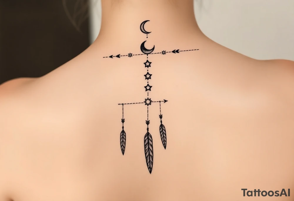 Narrow vertical memorial chain of symbols made of a moon, stars symbolizing loss, a brother and sister bond, and strength in a native script style following down the spine in with 3 vertical different lengths flowing lines made of a discreet connection of morse code ".--- .- --.     .-.. ... -.- .- .-.   -.. .. --.     .-.. .. .-.. .-.. . -... .-. --- .-. forming 3 arrow shapes connected to 3 flowing feathers hanging from the end of the morse code lines tattoo idea