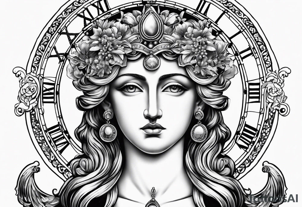 Greek god 2 heads, Aquarius, timeless clock, rosary tattoo idea