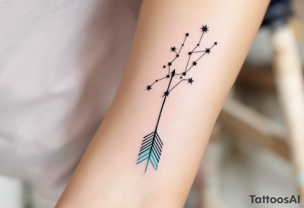 A simple Sagittarius star constellation design with black stars connected by fine white lines, hovering above a faded turquoise arrow. tattoo idea