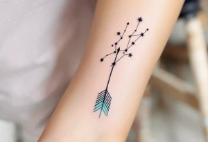 A simple Sagittarius star constellation design with black stars connected by fine white lines, hovering above a faded turquoise arrow. tattoo idea