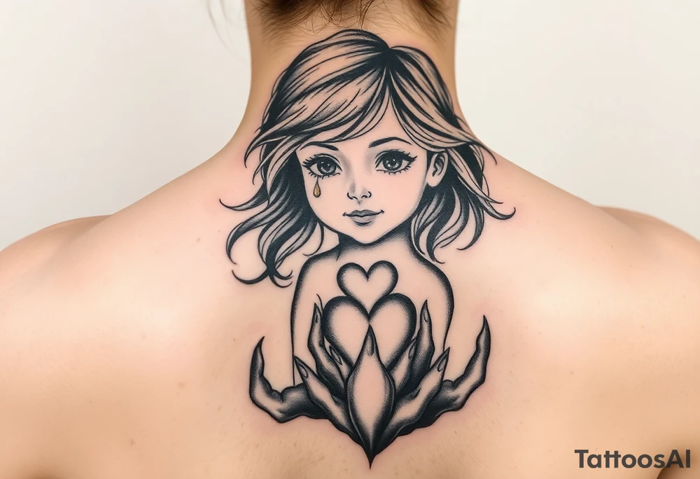 A little girl rising through the ashes, with a tear in her eye and a heart of gold tattoo idea