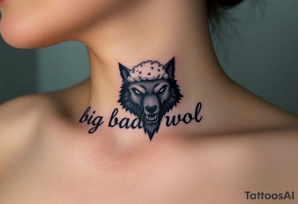 Big bad wolf nursery rhyme wearing a sheep costume with sheep head hood to kill and eat the three little pigs and little red riding hood in the woods tattoo idea