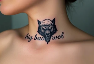 Big bad wolf nursery rhyme wearing a sheep costume with sheep head hood to kill and eat the three little pigs and little red riding hood in the woods tattoo idea