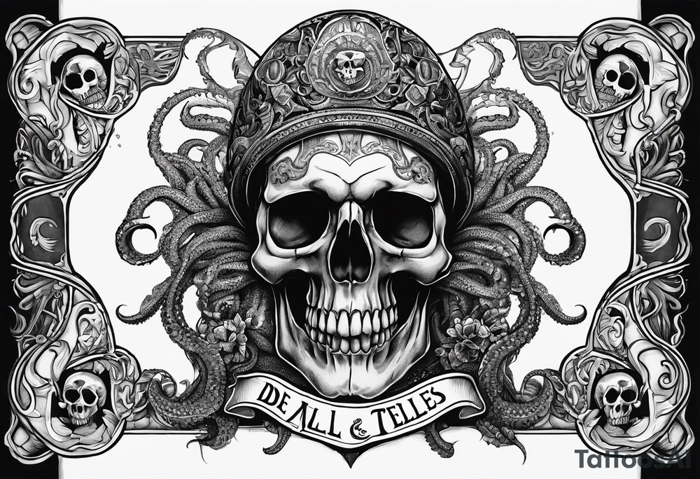 Skull with tentacles and text above and below  “Dead men, tell no tales” tattoo idea
