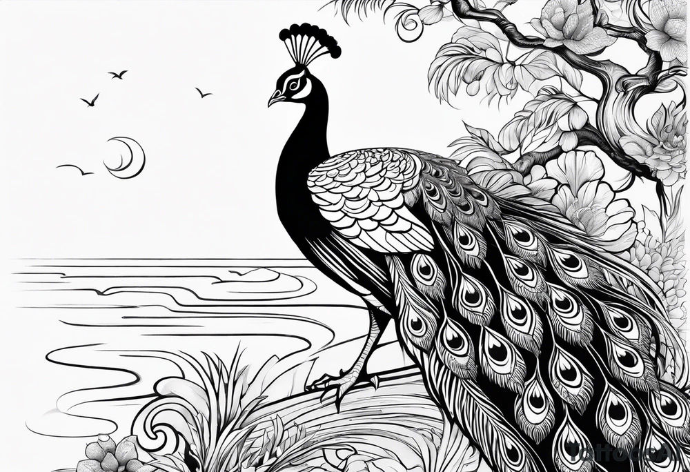 peacock along side a flowing  long river with oshun sitting at the end of it tattoo idea