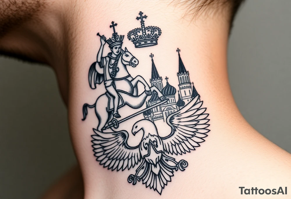 St. George slaying the dragon (hugely common in Russian Orthodox art)
Russian imperial crown above the eagle
Crossed swords or a Russian sabre
The Kremlin or St. Basil's Cathedral scene tattoo idea