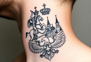 St. George slaying the dragon (hugely common in Russian Orthodox art)
Russian imperial crown above the eagle
Crossed swords or a Russian sabre
The Kremlin or St. Basil's Cathedral scene tattoo idea
