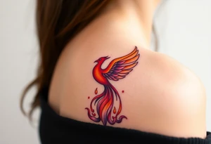 Phoenix rising from the ashes with the colors red, pink, orange and purple. Size 3 cm wide and 5 cm high tattoo idea