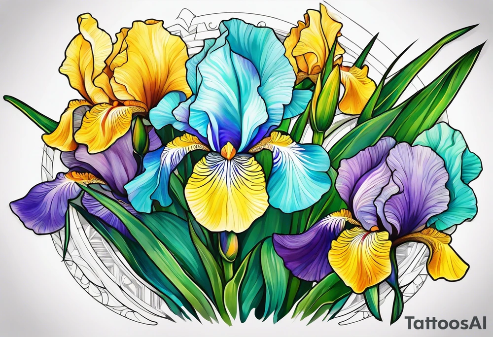 iris flower and birch tree and includes the following wording "fuck cancer"
with yellow, green and aquamarine colours tattoo idea