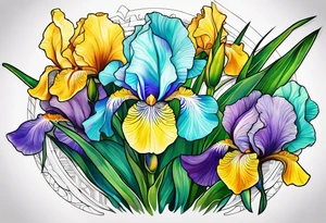 iris flower and birch tree and includes the following wording "fuck cancer"
with yellow, green and aquamarine colours tattoo idea