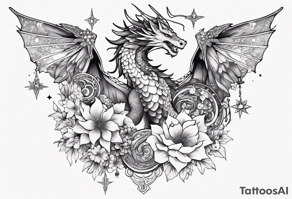 Constellation, wing , snow , cross , dragon female japan kawaii , flower tattoo idea
