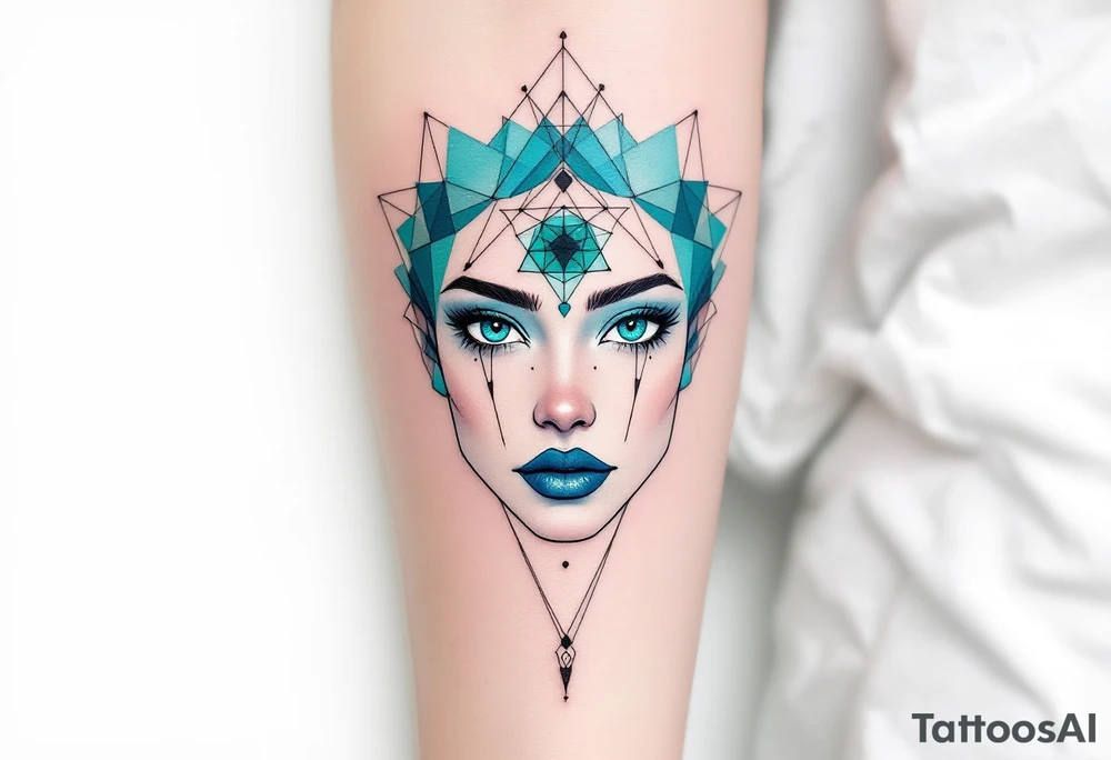 A minimalist design of Caleb, depicted with geometric patterns around his face to symbolize intelligence and the mind. The design features teal and green tones, symbolizing his connection to the Abnegation and his scientific nature.
Colors: Teal, green, black accents. tattoo idea