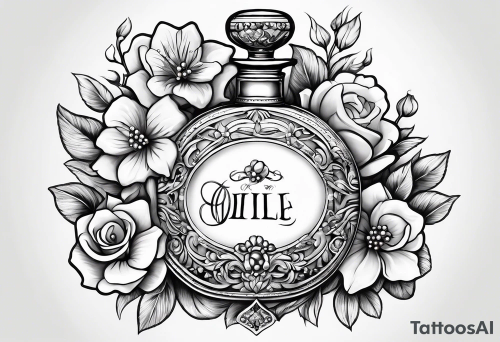 Pearl necklace wrapped around 1950s perfume bottle with flowers and bows surrounding tattoo idea