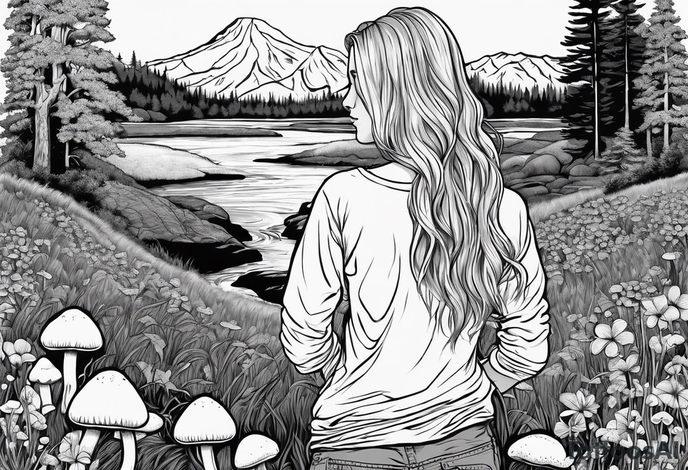 Whole picture encircled fully

Straight long blonde hair hippie girl in distance holding mushrooms in hand facing away toward mountains and creek surrounded by mushrooms long sleeve shirt and hiking pants; whole rendering within a full circle, no cut off circle tattoo idea