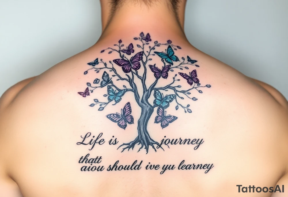 realistic tree of life with purple,, turquoise, and gray  beautiful butterflies and the words" Life is a journey that you should live and learn from. tattoo idea
