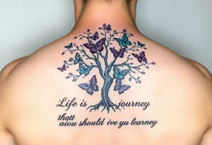 realistic tree of life with purple,, turquoise, and gray  beautiful butterflies and the words" Life is a journey that you should live and learn from. tattoo idea