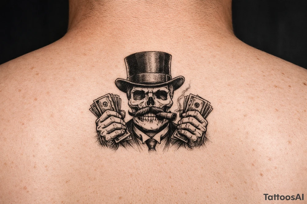 skull with mustache,top-hat,cigar in his mouth,money in both hands. tattoo idea