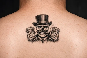 skull with mustache,top-hat,cigar in his mouth,money in both hands. tattoo idea