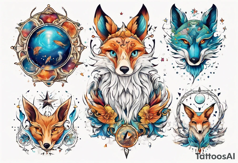 fisch, fuchs und eule , symetrie universum, bunt tattoo idea
