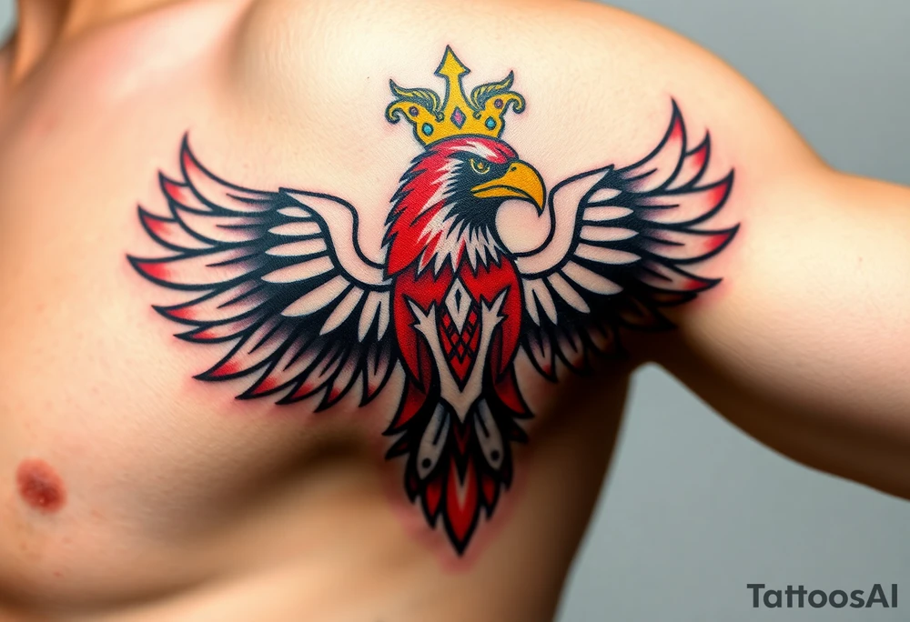 A majestic red and white Moravian eagle with golden crown on its head with intricate tribal patterns tattoo idea